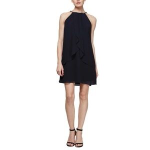 SLNY | Classic Black Halter Split Layered Front Cocktail Dress Size 8